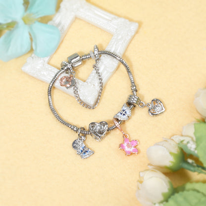 Blue Butterfly Glass Bead & Pink Flower Pendant Charm Bracelet(18cm)