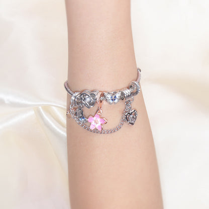 Blue Butterfly Glass Bead & Pink Flower Pendant Charm Bracelet(18cm)