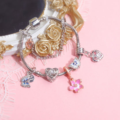 Blue Butterfly Glass Bead & Pink Flower Pendant Charm Bracelet(18cm)