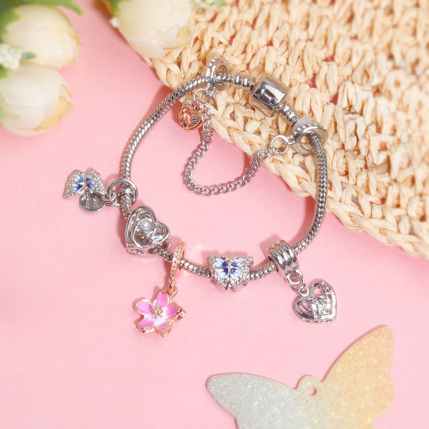 Blue Butterfly Glass Bead & Pink Flower Pendant Charm Bracelet(19cm)