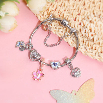 Blue Butterfly Glass Bead & Pink Flower Pendant Charm Bracelet(19cm)