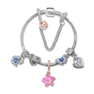 Blue Butterfly Glass Bead & Pink Flower Pendant Charm Bracelet(20cm)