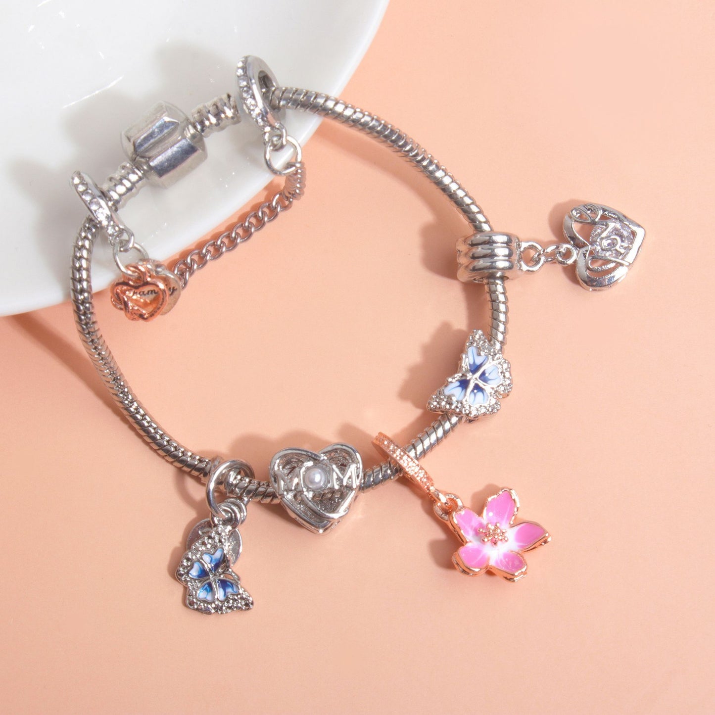 Blue Butterfly Glass Bead & Pink Flower Pendant Charm Bracelet(20cm)