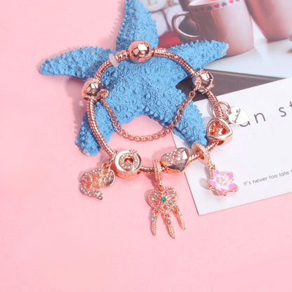 Rose Gold Bracelet with Dreamcatcher & Lily Pendant, Crystal Zircon Beads(17cm)