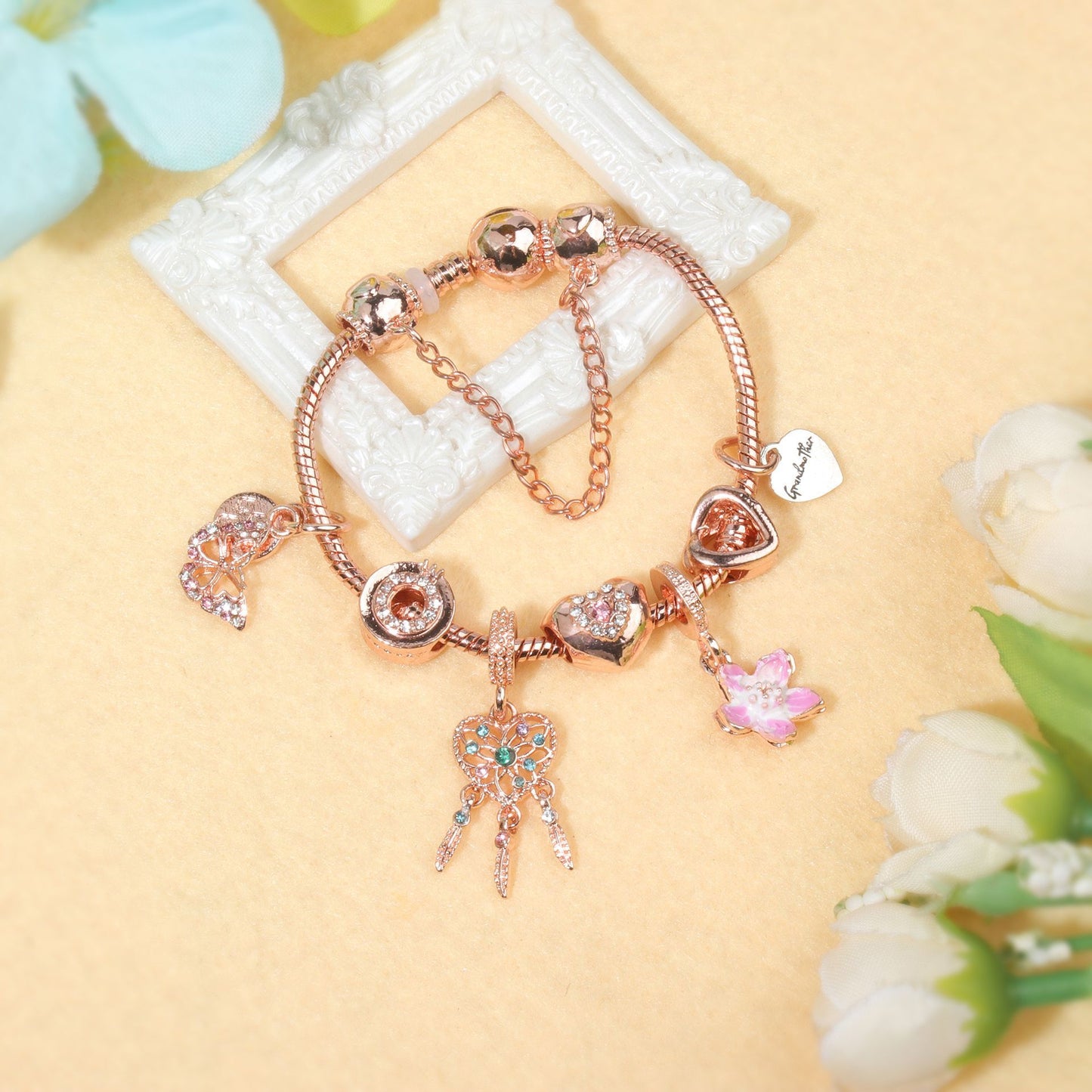 Rose Gold Bracelet with Dreamcatcher & Lily Pendant, Crystal Zircon Beads(17cm)
