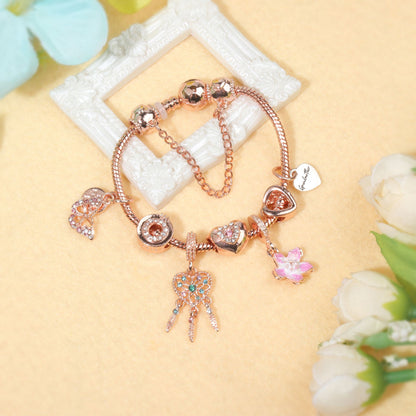 Rose Gold Bracelet with Dreamcatcher & Lily Pendant, Crystal Zircon Beads(17cm)