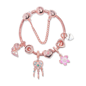 Rose Gold Bracelet with Dreamcatcher & Lily Pendant, Crystal Zircon Beads(18cm)