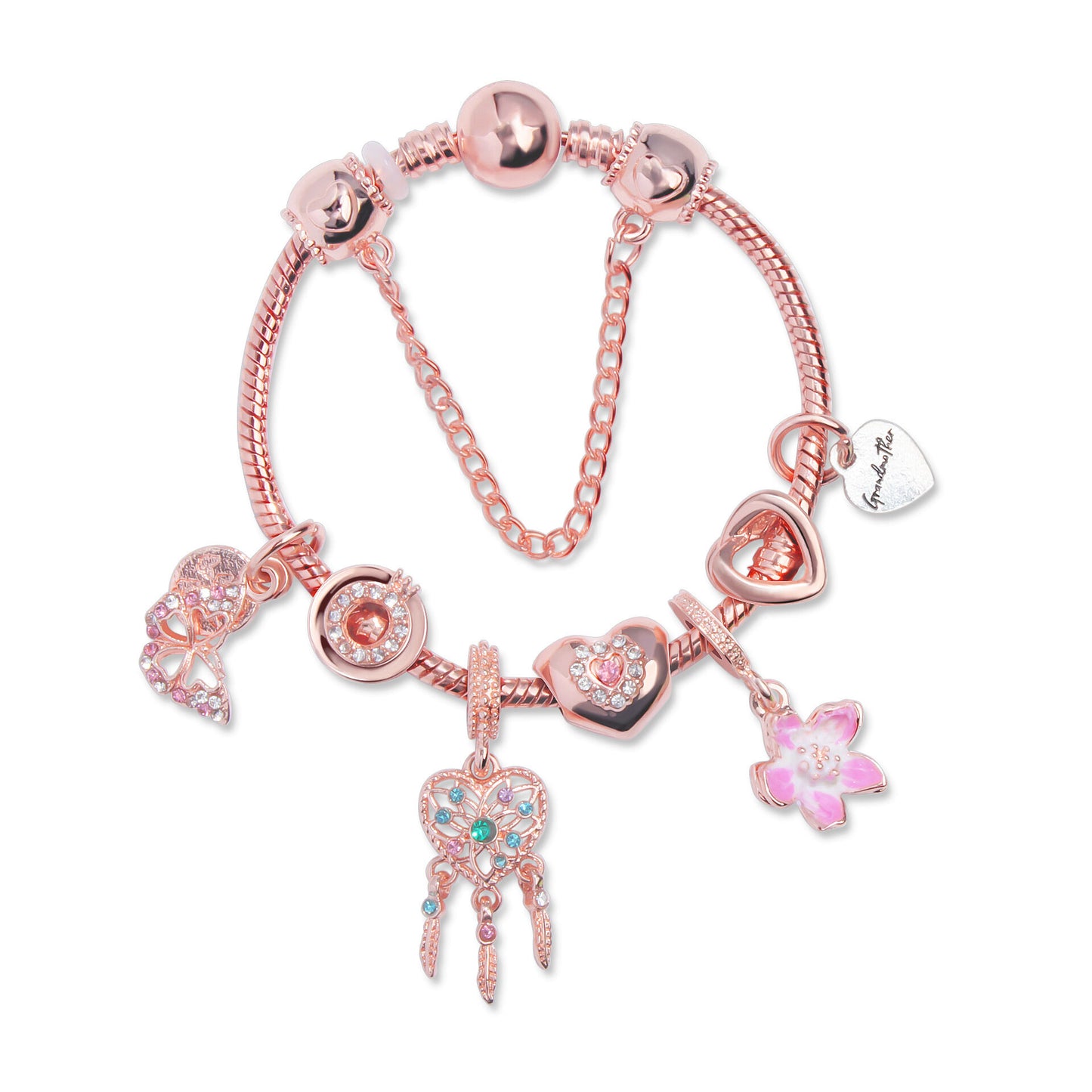 Rose Gold Bracelet with Dreamcatcher & Lily Pendant, Crystal Zircon Beads(18cm)