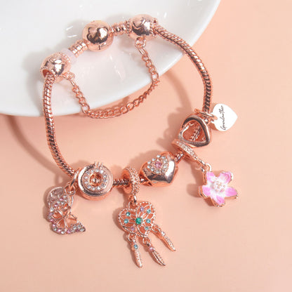 Rose Gold Bracelet with Dreamcatcher & Lily Pendant, Crystal Zircon Beads(18cm)