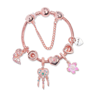 Rose Gold Bracelet with Dreamcatcher & Lily Pendant, Crystal Zircon Beads(19cm)