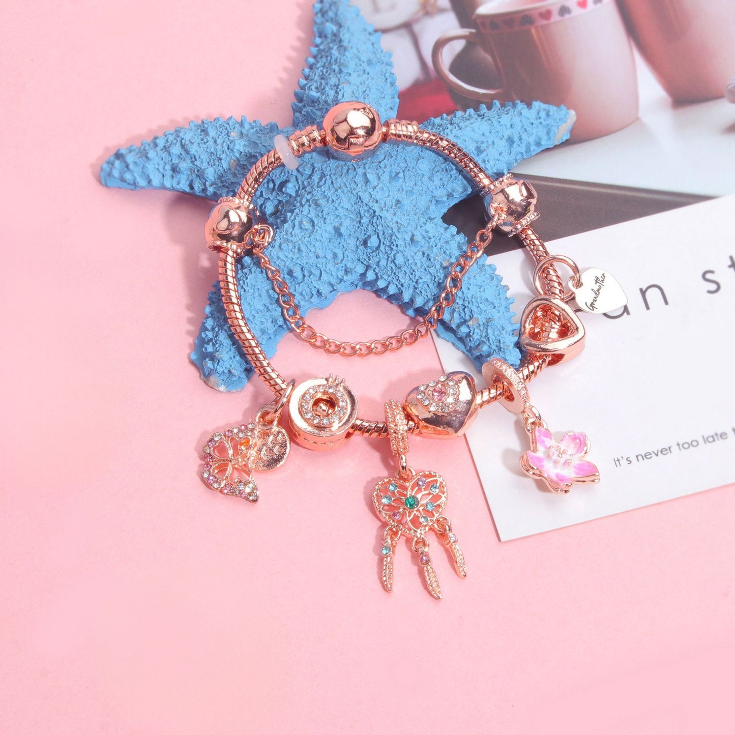 Rose Gold Bracelet with Dreamcatcher & Lily Pendant, Crystal Zircon Beads(19cm)