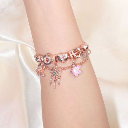 Rose Gold Bracelet with Dreamcatcher & Lily Pendant, Crystal Zircon Beads(19cm)