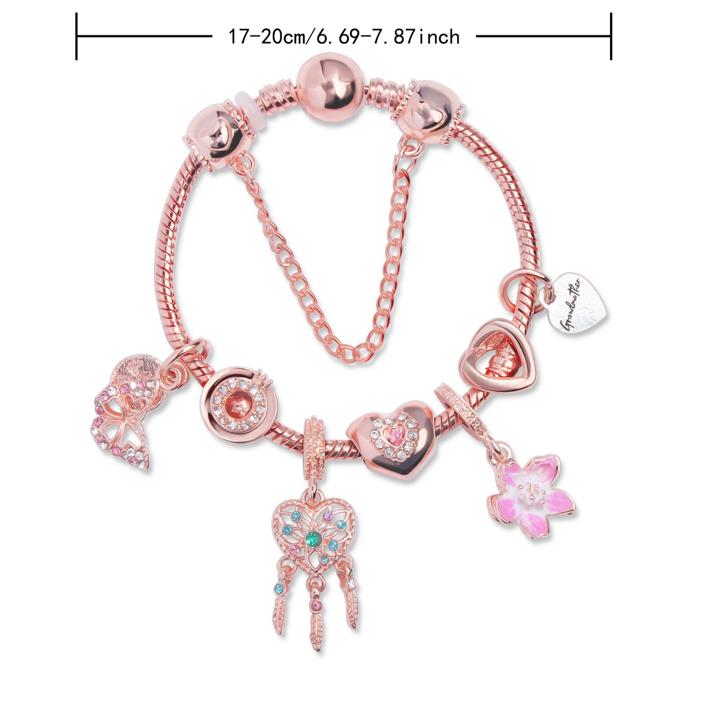 Rose Gold Bracelet with Dreamcatcher & Lily Pendant, Crystal Zircon Beads(20cm)