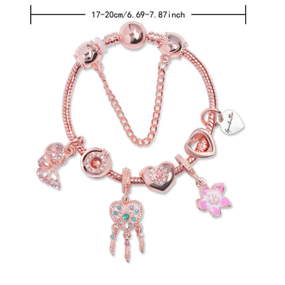 Rose Gold Bracelet with Dreamcatcher & Lily Pendant, Crystal Zircon Beads(20cm)