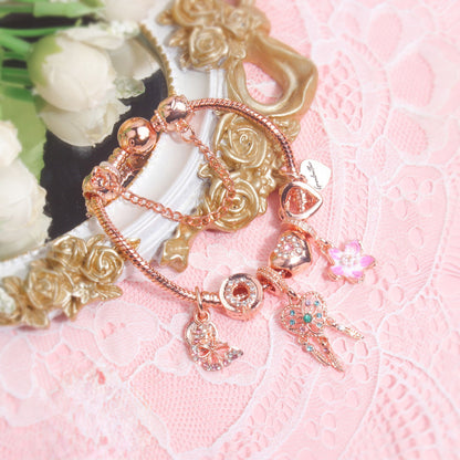 Rose Gold Bracelet with Dreamcatcher & Lily Pendant, Crystal Zircon Beads(20cm)
