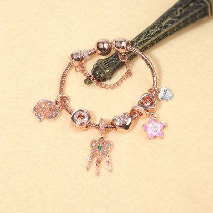 Rose Gold Bracelet with Dreamcatcher & Lily Pendant, Crystal Zircon Beads(20cm)