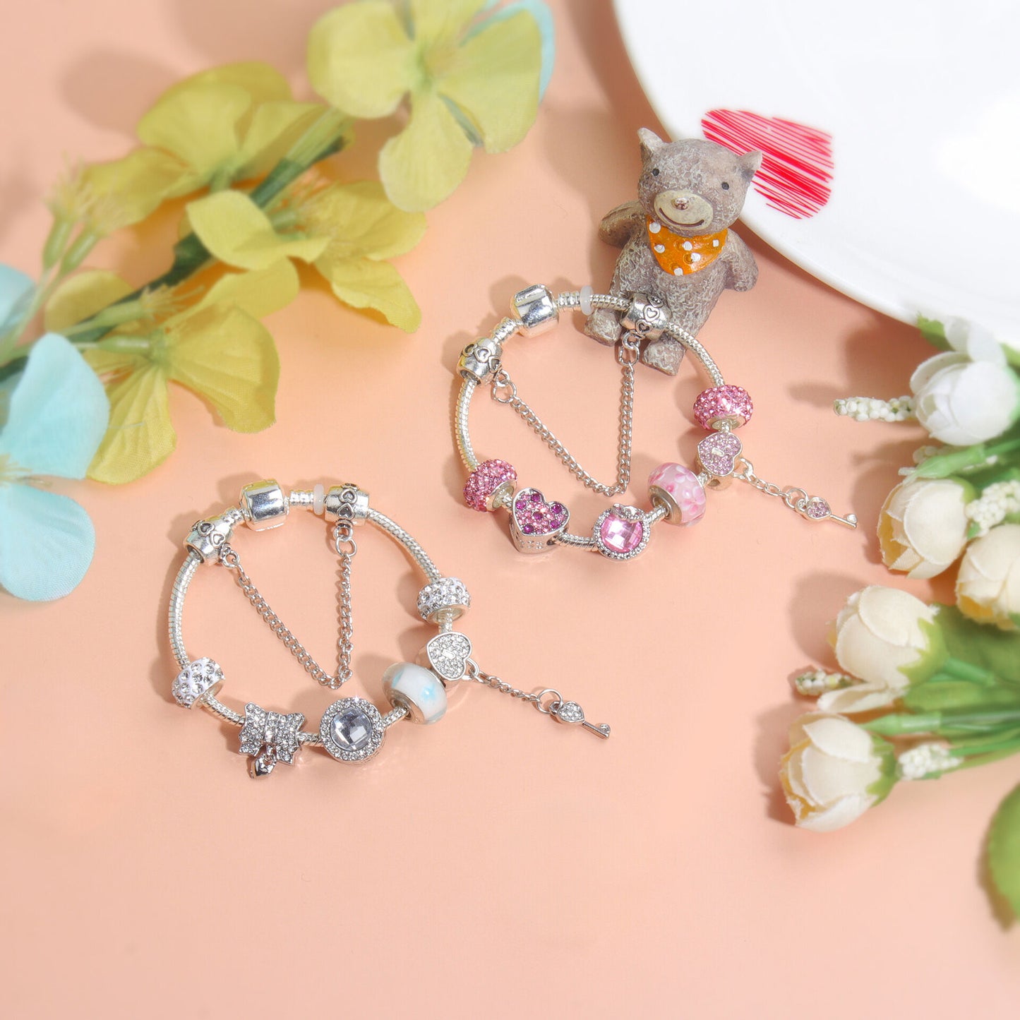 Classic Rhinestone-Inlaid Glass Bead Dreamcatcher Bracelet(pink-21cm)