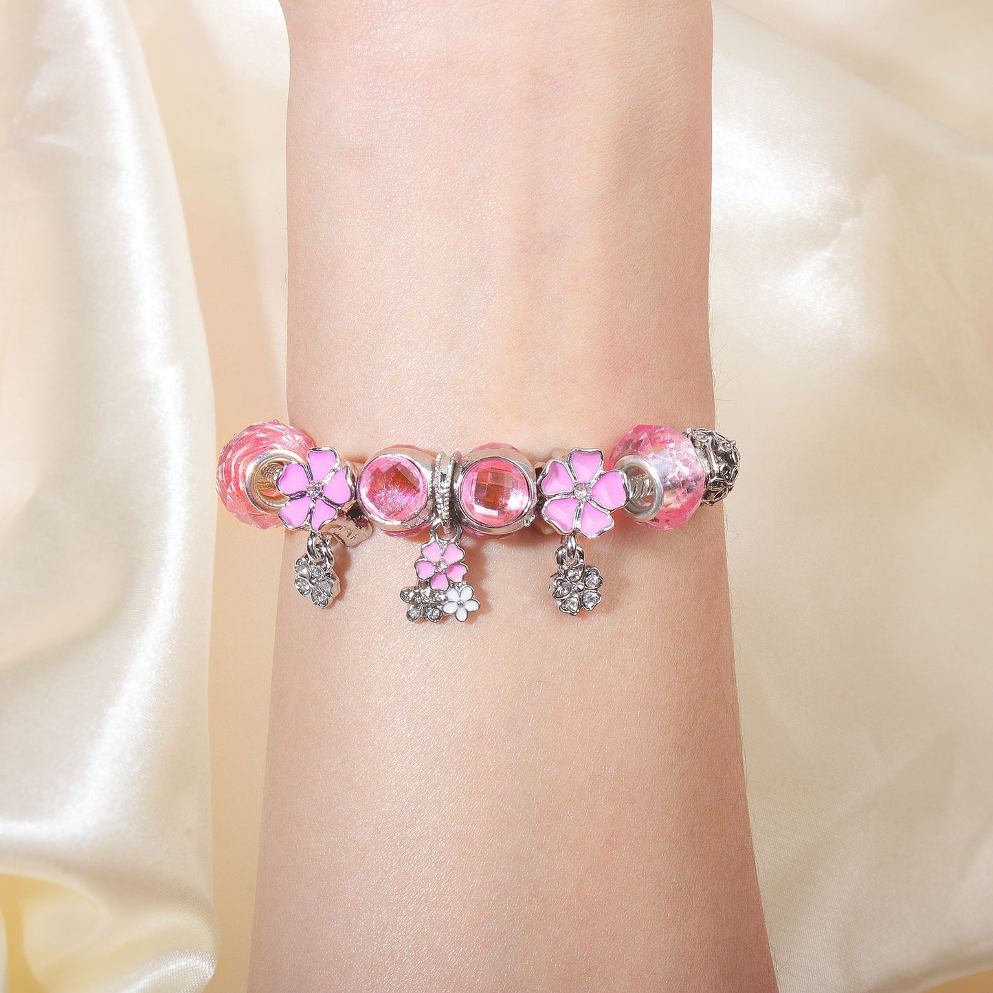 Romantic Floral Big Glass Bead Petal Pendant DIY Bracelet(pink-16cm)