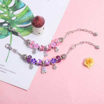 Romantic Floral Big Glass Bead Petal Pendant DIY Bracelet(pink-17cm)