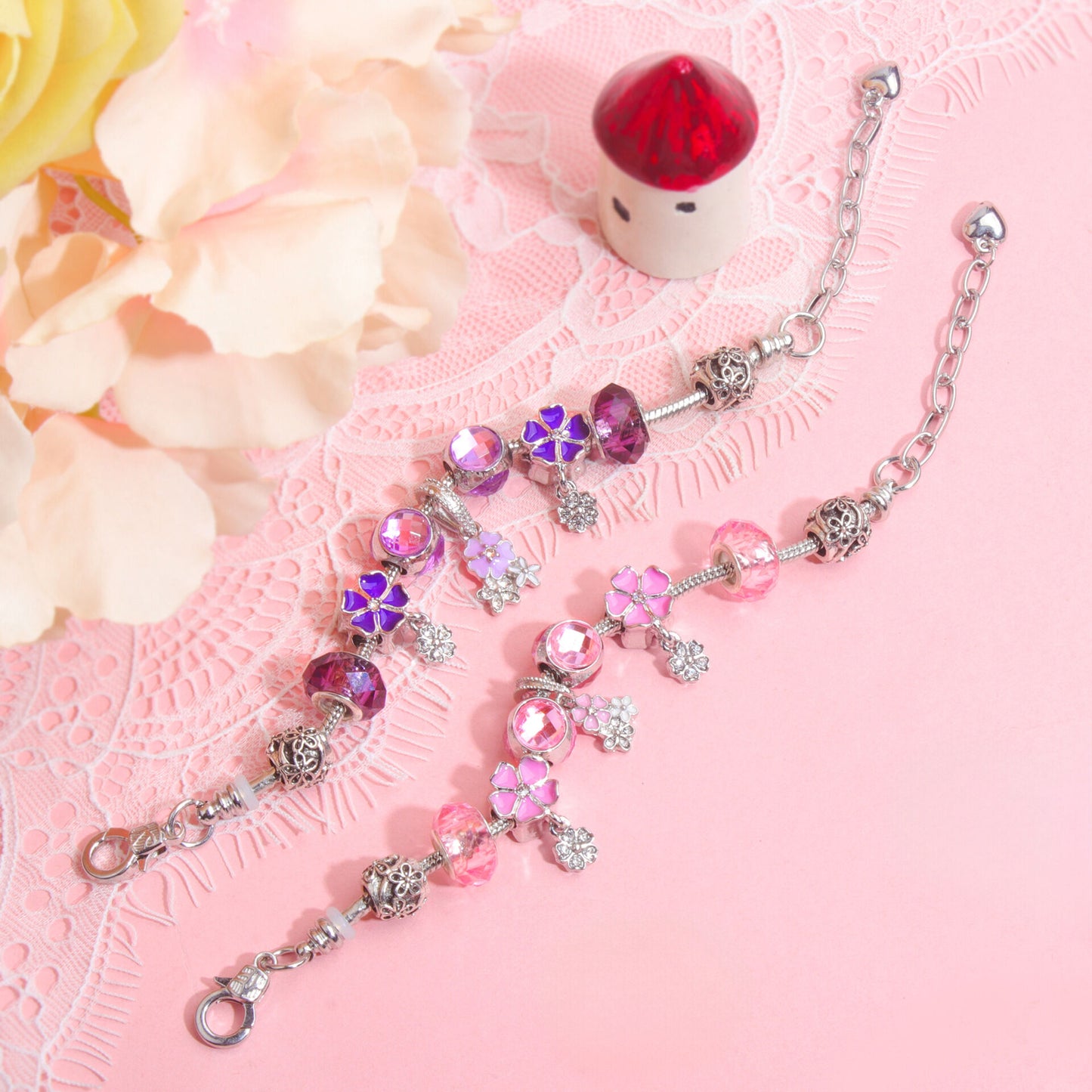 Romantic Floral Big Glass Bead Petal Pendant DIY Bracelet(pink-18cm)
