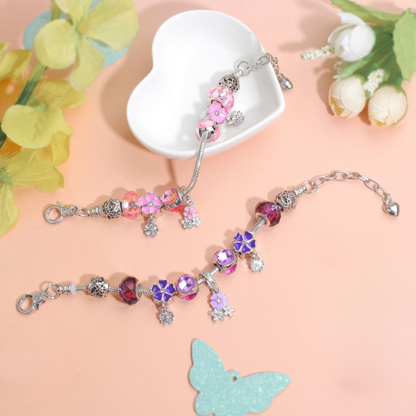 Romantic Floral Big Glass Bead Petal Pendant DIY Bracelet(pink-19cm)
