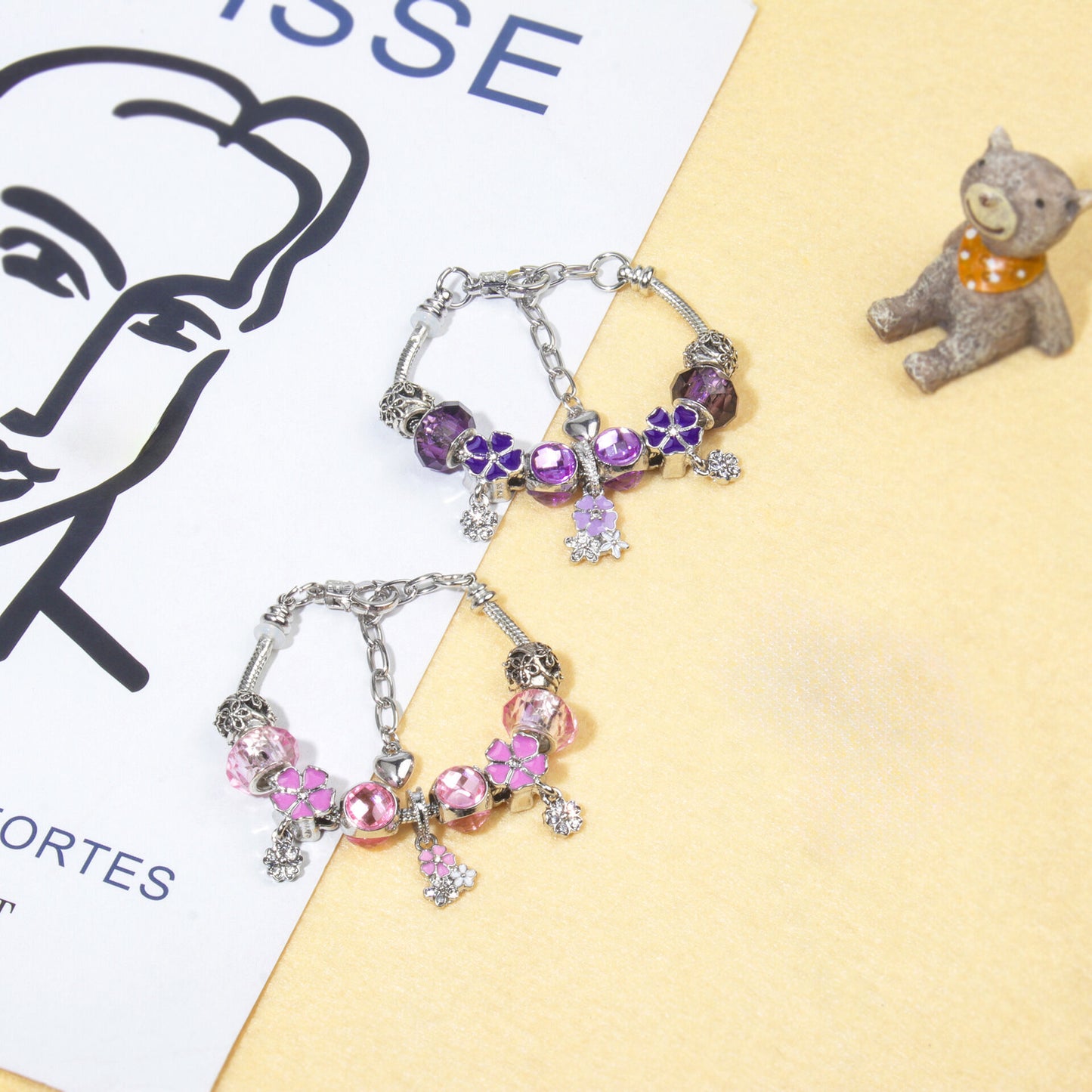 Romantic Floral Big Glass Bead Petal Pendant DIY Bracelet(purple-16cm)