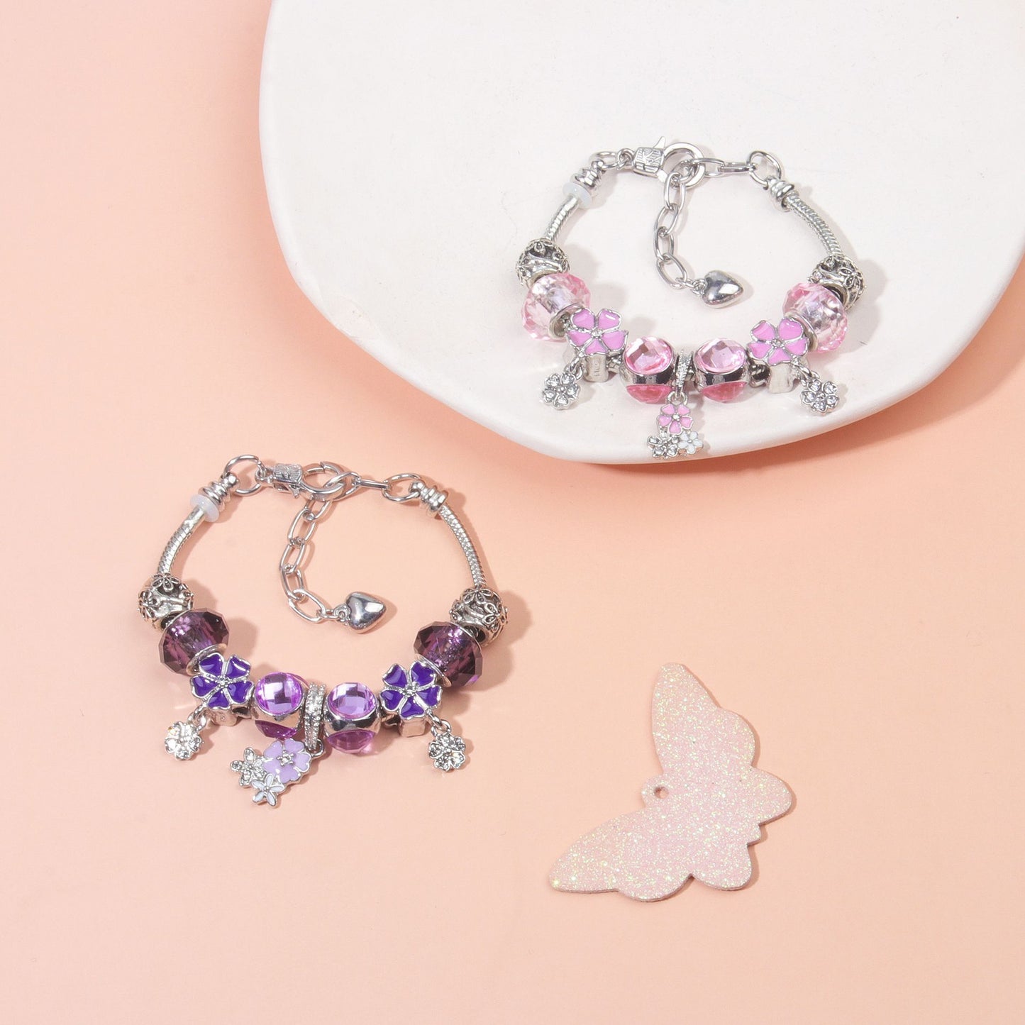 Romantic Floral Big Glass Bead Petal Pendant DIY Bracelet(purple-18cm)