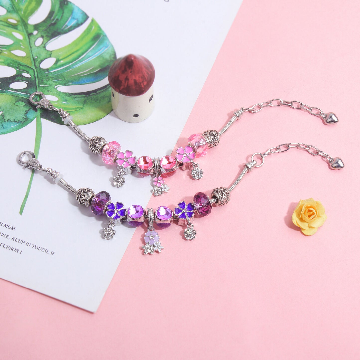 Romantic Floral Big Glass Bead Petal Pendant DIY Bracelet(purple-19cm)