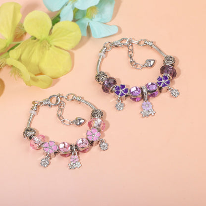 Romantic Floral Big Glass Bead Petal Pendant DIY Bracelet(purple-19cm)