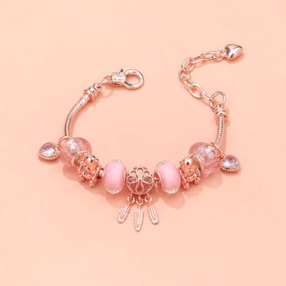 Rose Gold Charm Bracelet with Dreamcatcher & Bear Beads, Colorful Glass Beads Bracelet(16cm)