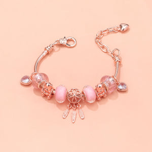 Rose Gold Charm Bracelet with Dreamcatcher & Bear Beads, Colorful Glass Beads Bracelet(18cm)