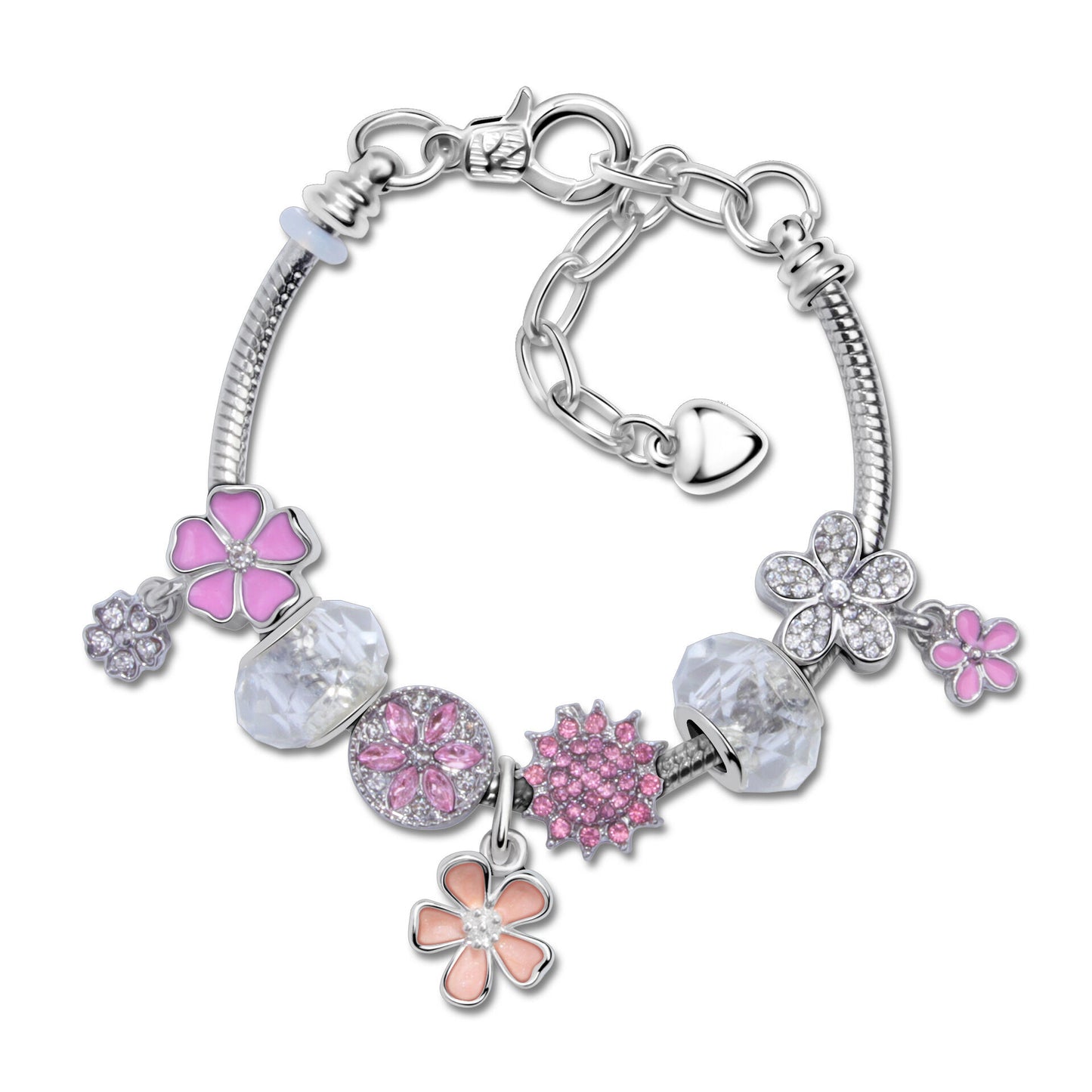 Chic Camellia Bead Charm DIY Bracelet with Crystal(pink flower-16cm)