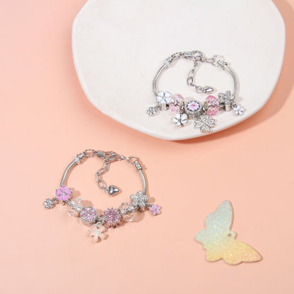 Chic Camellia Bead Charm DIY Bracelet with Crystal(pink flower-17cm)