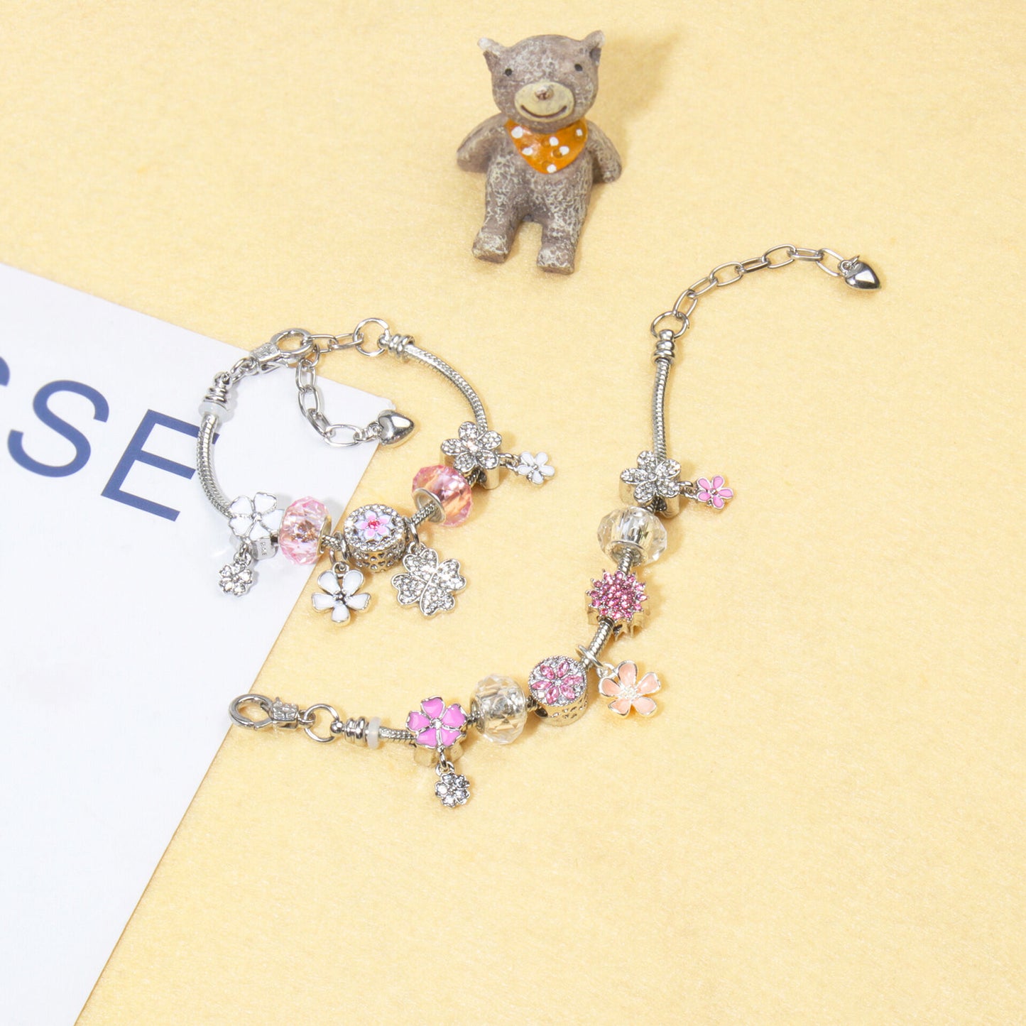 Chic Camellia Bead Charm DIY Bracelet with Crystal(pink flower-18cm)