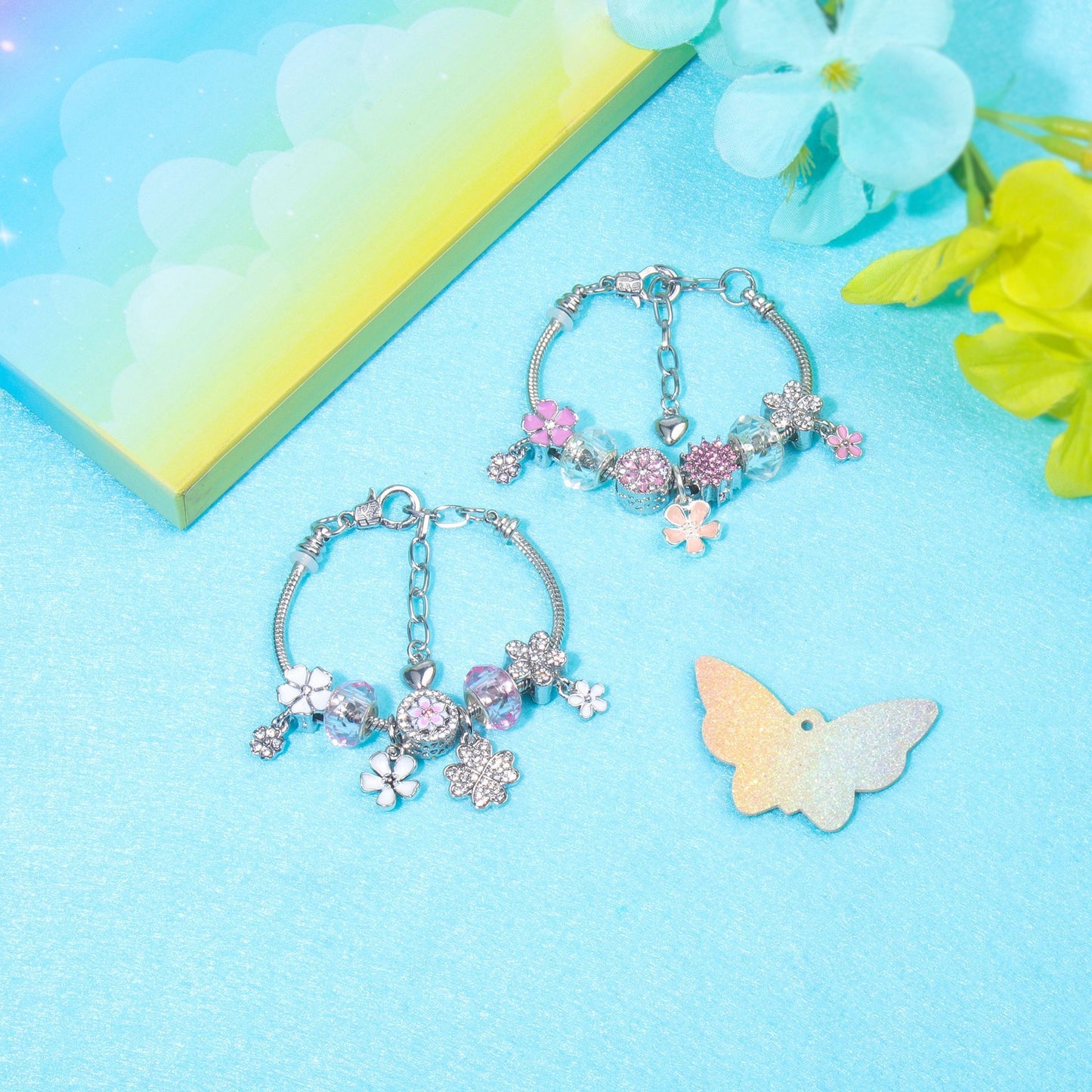 Chic Camellia Bead Charm DIY Bracelet with Crystal(pink flower-18cm)