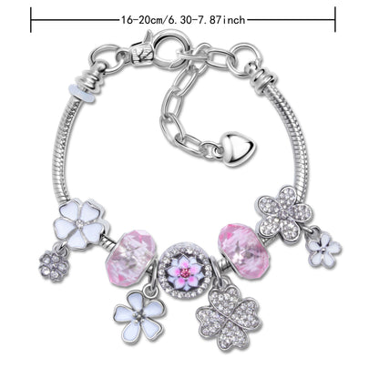 Chic Camellia Bead Charm DIY Bracelet with Crystal(pink flower-19cm)