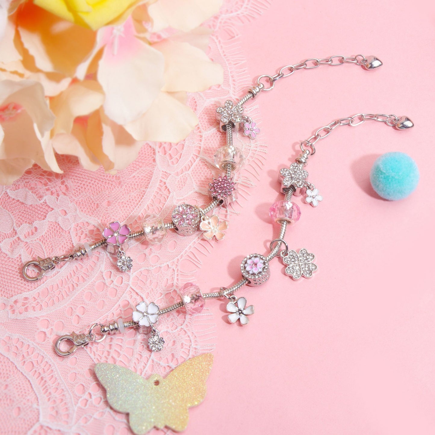 Chic Camellia Bead Charm DIY Bracelet with Crystal(pink flower-19cm)