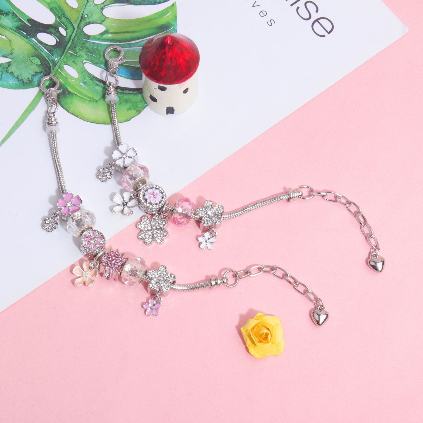 Chic Camellia Bead Charm DIY Bracelet with Crystal(pink flower-19cm)