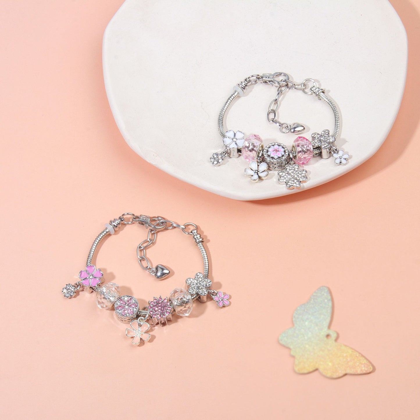 Chic Camellia Bead Charm DIY Bracelet with Crystal(pink flower-19cm)