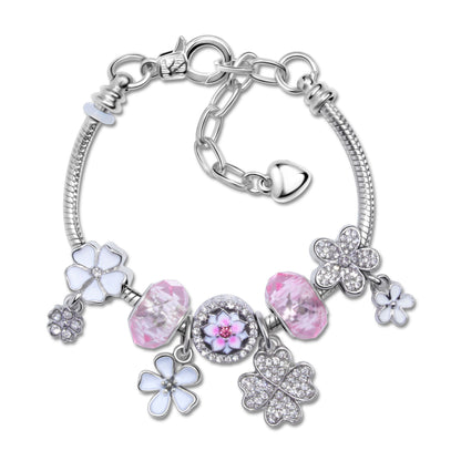 Chic Camellia Bead Charm DIY Bracelet with Crystal(white flower-21cm)