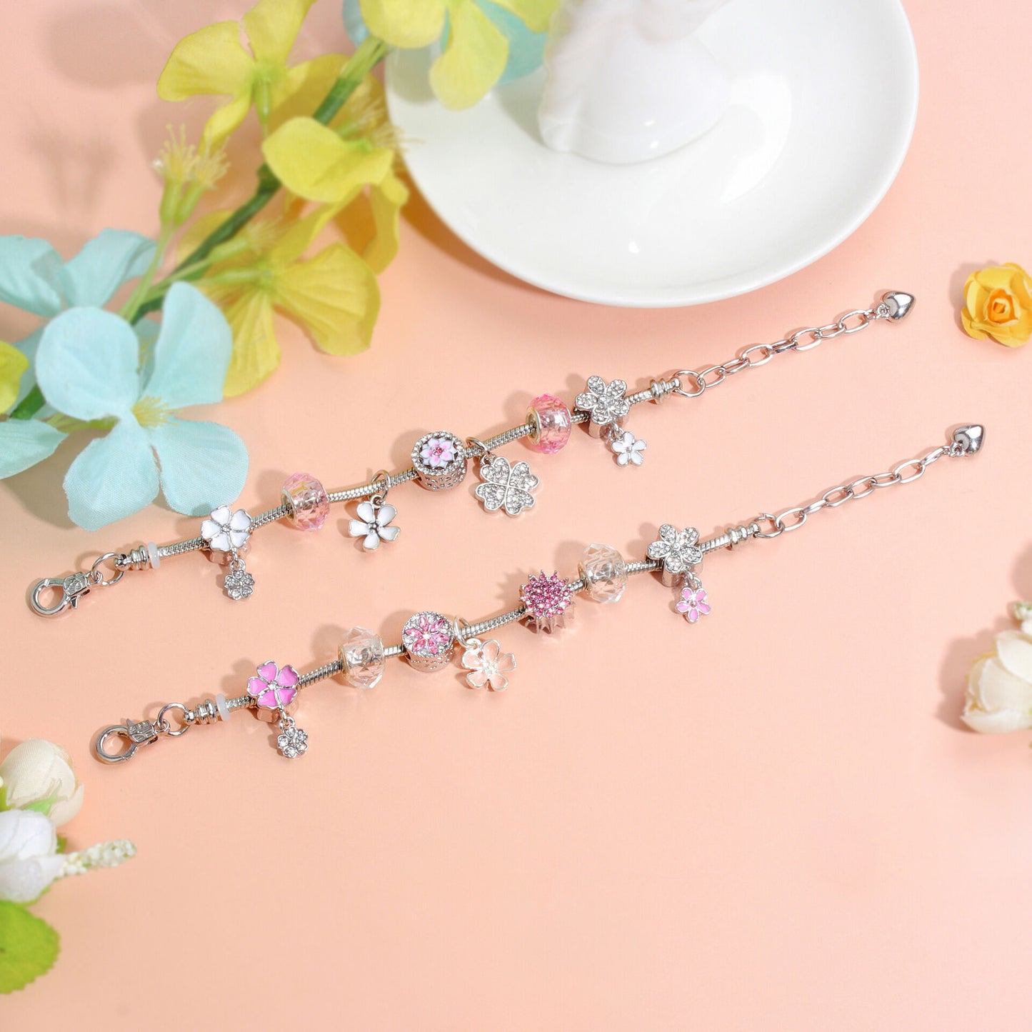 Chic Camellia Bead Charm DIY Bracelet with Crystal(white flower-21cm)