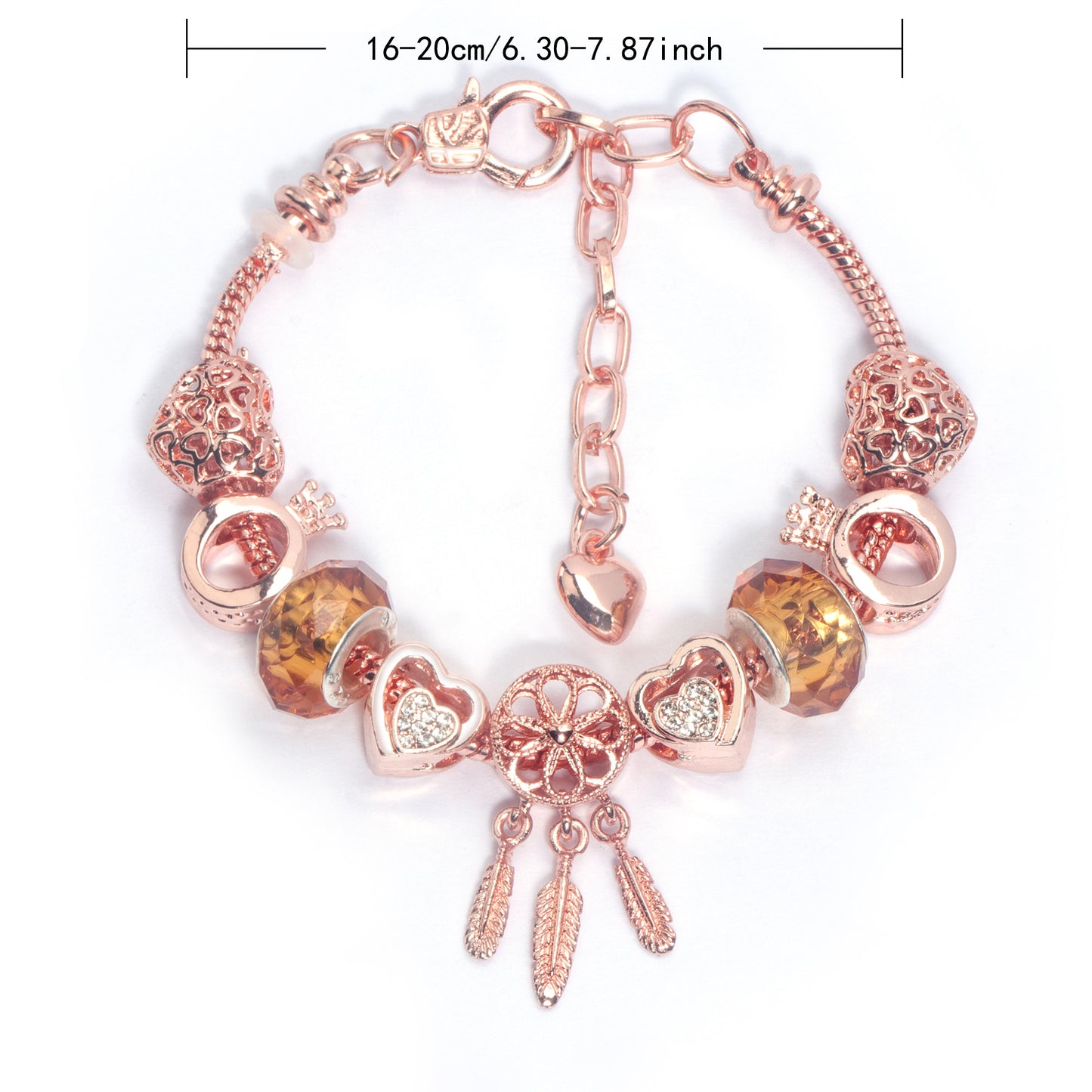 Rose Gold Plated Charm Bracelet with Zircon, Hollow Heart, Flower, Crown & Glass Beads(16cm)