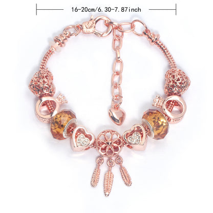 Rose Gold Plated Charm Bracelet with Zircon, Hollow Heart, Flower, Crown & Glass Beads(17cm)