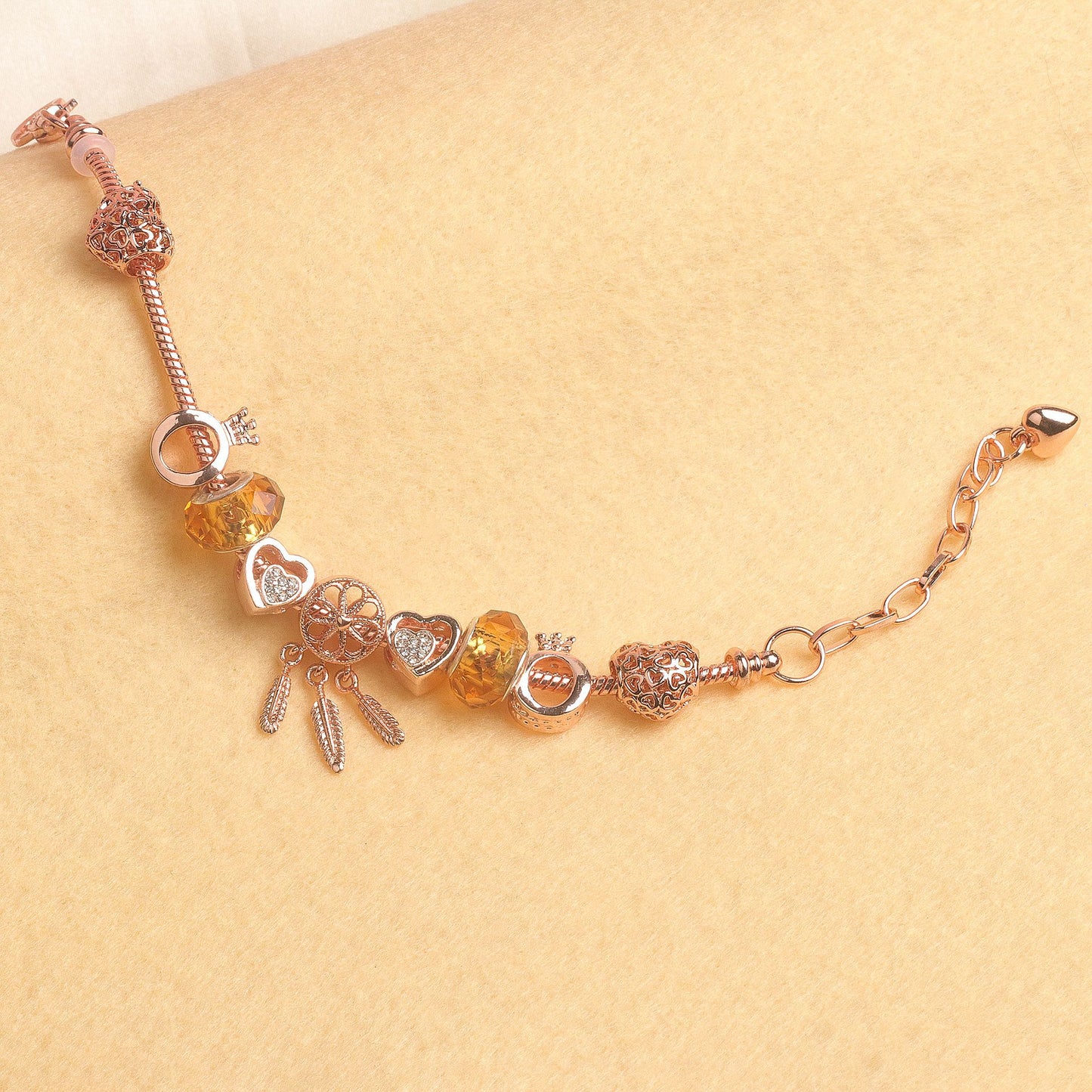 Rose Gold Plated Charm Bracelet with Zircon, Hollow Heart, Flower, Crown & Glass Beads(17cm)