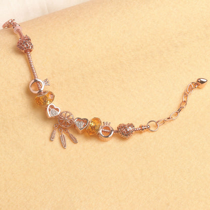 Rose Gold Plated Charm Bracelet with Zircon, Hollow Heart, Flower, Crown & Glass Beads(17cm)