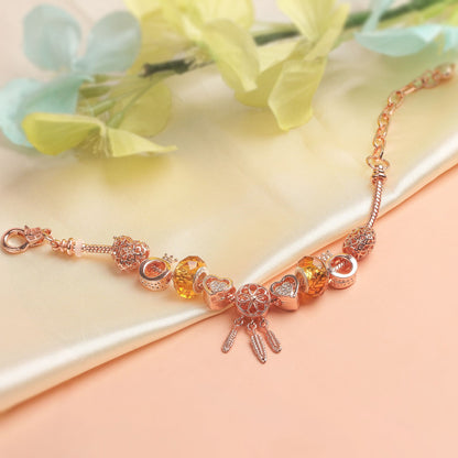 Rose Gold Plated Charm Bracelet with Zircon, Hollow Heart, Flower, Crown & Glass Beads(17cm)