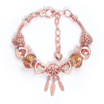 Rose Gold Plated Charm Bracelet with Zircon, Hollow Heart, Flower, Crown & Glass Beads(18cm)