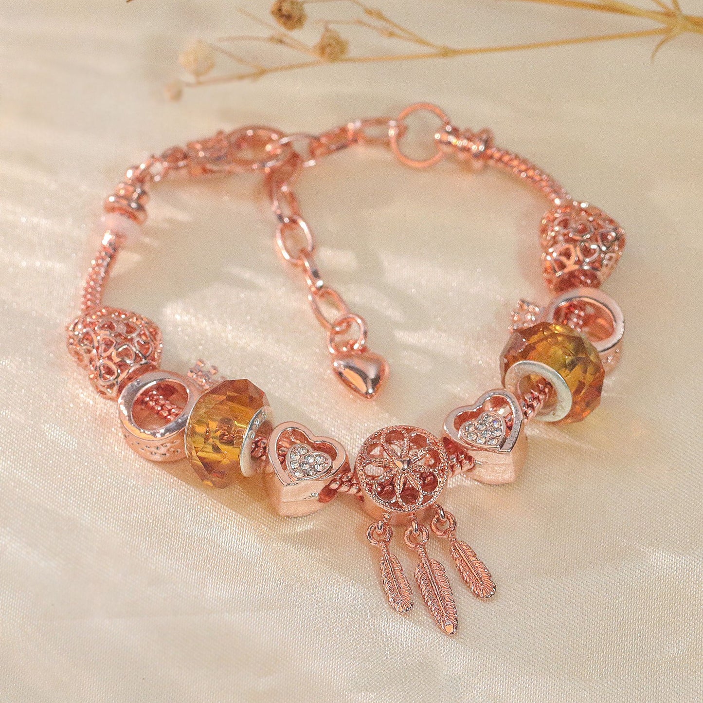 Rose Gold Plated Charm Bracelet with Zircon, Hollow Heart, Flower, Crown & Glass Beads(18cm)