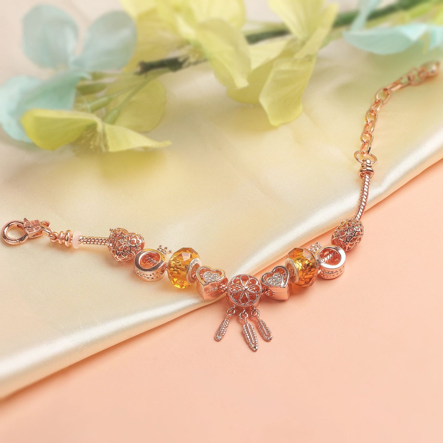 Rose Gold Plated Charm Bracelet with Zircon, Hollow Heart, Flower, Crown & Glass Beads(19cm)
