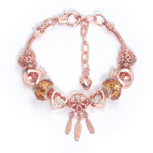 Rose Gold Plated Charm Bracelet with Zircon, Hollow Heart, Flower, Crown & Glass Beads(21cm)